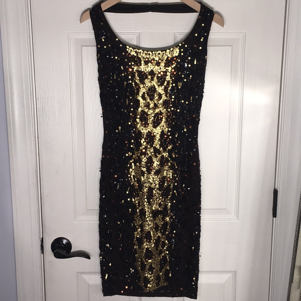 Tadashi Shoji Black Dress with Gold Sequin Center Panel